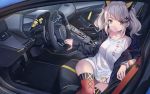  1girl absurdres bangs blue_eyes breasts bubble_blowing car_interior chewing_gum commentary_request dress hair_ornament hairclip highres holding kaguya_luna koh_(minagi_kou) lamborghini long_sleeves medium_hair multicolored multicolored_clothes multicolored_legwear silver_hair sitting sleeves_past_wrists solo steering_wheel the_moon_studio thighhighs twintails virtual_youtuber watch wristwatch 