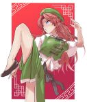  1girl blue_eyes breasts fighting_stance green_headwear green_skirt green_vest highres hong_meiling leg_up red_background red_hair shirt skirt solo stomach touhou vest white_shirt yet_you 