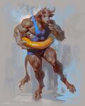 2023 anthro barefoot biceps big_muscles bovid bovine cattle clothed clothing deltoids feet fur grey_background hair hi_res hooves horn male mammal muscular muscular_anthro muscular_male nipples obliques on_one_leg one-piece_swimsuit painterly pecs signature simple_background solo standing swim_ring swimwear taran_fiddler tuft