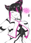  1girl absurdres breasts cleavage collar evil_smile han_juri highres multicolored_hair okyou pink_eyes ponytail short_hair smile spiked_collar spikes streaked_hair street_fighter street_fighter_6 upper_body 