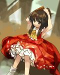 1girl ascot brown_hair brushing_hair closed_mouth collared_shirt comb commentary_request dress flat_chest frilled_ascot frills hakurei_reimu holding holding_comb kaigen_1025 long_hair petticoat red_shirt red_skirt ribbon-trimmed_dress shirt sitting skirt sleeveless sleeveless_shirt socks solo touhou tying_hair white_socks yellow_ascot 