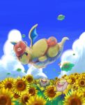  closed_eyes cloud day dragonite field flower flower_field gen_1_pokemon gen_2_pokemon hat hoppip kikuyoshi_(tracco) mailbag no_humans outdoors pokemon red_headwear skiploom smile sunflora sunflower 