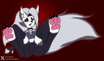 absurd_res anthro azuriefoxnsfw canid canid_demon canine clothing demon ear_piercing ear_ring female fetter fingers fluffy fluffy_tail fur furry_tail gloves grey_body grey_fur handwear hellhound helluva_boss hi_res legwear looking_at_viewer looking_back loona_(helluva_boss) mammal open_mouth piercing red_sclera ring_piercing simple_background solo tail thigh_highs white_background white_eyes