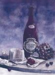  artworksmil bottle cheese food fruit grapes lime_(fruit) no_humans original painting_(medium) realistic signature still_life table_knife traditional_media wine_bottle 