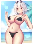  1girl :o absurdres azur_lane bangs bare_shoulders beach bikini black_bikini blue_sky blurry blush breasts cleavage cloud collarbone commentary cowboy_shot day eyebrows_visible_through_hair eyewear_on_head groin hair_between_eyes heart heart-shaped_eyewear highres large_breasts lens_flare looking_at_viewer midriff navel ocean outdoors palm_leaf piao_mao pink_nails red_eyes short_hair sidelocks sirius_(azur_lane) skindentation sky solo standing strap_pull sunglasses sunlight swimsuit underboob w_arms wet wet_clothes white_hair 
