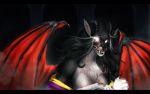  2018 angry angry_eyes anthro asian_clothing background_smoke bat_wings black_body black_hair blind_eye breasts brown_nose canid canine castle clothing colored dark_fur digital_drawing_(artwork) digital_media_(artwork) digital_painting_(artwork) east_asian_clothing fangs female fox fur fur_tuft glowing glowing_eyes hair horn hybrid inner_ear_fluff japanese_clothing kimono mammal membrane_(anatomy) membranous_wings nipples paws portrait rizonik scar shaded solo tuft undead vampire watermark widescreen wings 