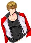  1boy blonde_hair highres jacket mark_of_the_wolves osakana_e red_eyes rock_howard short_hair solo upper_body white_background 