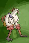  2:3 absurd_res anthro avian beak big_breasts bird bodily_fluids bottomwear bra breasts clothed clothing feathers female gallardo green_eyes hi_res hotpants non-mammal_breasts red_body red_feathers shorts simple_background sitting solo sweat underwear white_body 