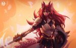  2020 andyd anthro armor black_sclera breasts digital_media_(artwork) dragon eyebrows eyelashes female fingers fire green_eyes hair horn melee_weapon non-mammal_breasts razia_(narej) red_hair scalie shield solo sword weapon 