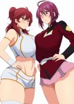  2girls ahoge alternate_breast_size annoyed asymmetrical_docking blue_eyes breast_press breasts gundam gundam_00 gundam_seed gundam_seed_destiny hands_on_hips highres huge_breasts kloah looking_down looking_up lunamaria_hawke midriff miniskirt multiple_girls navel nena_trinity red_hair skirt thick_thighs thighs uniform white_background yellow_eyes 