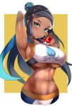  1girl absurdres alternate_breast_size aqua_eyes aqua_hair arm_up black_hair breasts commentary_request dark_skin earrings eyelashes eyeshadow gym_leader hair_bun highres holding holding_poke_ball hoop_earrings jewelry large_breasts long_hair looking_at_viewer makeup multicolored_hair nail_polish navel poke_ball poke_ball_(basic) pokemon pokemon_(game) pokemon_swsh rurina_(pokemon) solo swimsuit tankini tea_texiamato two-tone_hair yellow_nails 