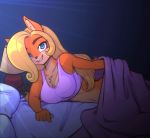  2020 5_fingers activision anthro bandicoot bed bedding black_nose blanket blonde_hair blue_eyes breasts cleavage clothed clothing coco_bandicoot crash_bandicoot_(series) digital_media_(artwork) eyelashes female fingers furniture hair hair_over_eye hi_res lamp long_hair looking_at_viewer mammal marsupial on_bed one_eye_obstructed open_mouth open_smile scorpdk smile solo topwear video_games 