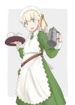  1girl :d alternate_costume apron blonde_hair blue_eyes character_name cup dress enmaided eyebrows_visible_through_hair from_below green_dress hair_ribbon holding holding_pot holding_tray kantai_collection kettle kugui_kiyunemu long_hair looking_at_viewer maid maid_apron maid_headdress open_mouth orange_ribbon pot ribbon shin&#039;you_(kantai_collection) side_ponytail simple_background smile solo teacup tray 