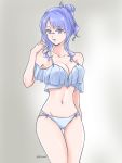  1girl bikini blue_eyes blue_hair breasts cleavage glasses hand_in_hair highres kanmaki_sakimi komainutotoro looking_down medium_breasts solo super_robot_wars super_robot_wars_dd swimsuit tied_hair 