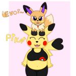  1:1 anthro belly clothing cosplay_pikachu_(costume) duo eevee female fur heart_tail hi_res male male/female nintendo pachira_(bronygamergaby) pikachu pikachu_libre pok&eacute;mon pok&eacute;mon_(species) slightly_chubby video_games yellow_body yellow_fur 