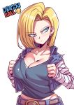  1girl android_18 blonde_hair blue_eyes breasts cleavage closed_mouth denim dragon_ball dragon_ball_z earrings jewelry large_breasts looking_at_viewer short_hair simple_background solo tukiwani white_background 