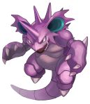  2019 ambiguous_gender angry claws feral horn male_(lore) nidoking nintendo open_mouth pok&eacute;mon pok&eacute;mon_(species) purple_body simple_background solo teeth tessy tongue video_games 