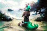  2018 2_tails 3:2 anthro beach canid canine canis day digital_drawing_(artwork) digital_media_(artwork) female full-length_portrait hi_res male mammal multi_tail paws portrait rizonik rock sea seaside sitting solo sun water watermark wolf 