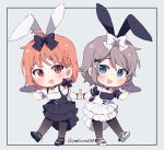  2girls :d ahoge animal_ears ankle_strap bangs black_bow black_choker black_dress black_footwear black_legwear black_shirt blue_eyes blush bow bracelet braid breasts bunny_day bunny_ears bunny_tail chibi choker cleavage commentary_request dress full_body grey_background grey_hair hair_bow heart holding holding_hands holding_tray jewelry love_live! love_live!_sunshine!! makura_(makura0128) multiple_girls open_mouth orange_hair pantyhose pinafore_dress red_eyes shirt short_hair short_sleeves side_braid simple_background smile tail takami_chika tray twitter_username underbust watanabe_you white_bow white_choker white_dress white_footwear white_shirt 