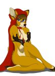  anthro bow breasts cervid clothing dawnwalkerwolf fangs female gloves gloves_only handwear handwear_only hi_res hood hooves kristina_(gradiewoof) little_red_riding_hood little_red_riding_hood_(copyright) looking_at_viewer mammal mostly_nude nipples nude pinup pose sitting smile solo 