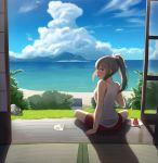  1girl animal bird blue_sky blush cloud day eyebrows_visible_through_hair fan food fruit grey_hair highres kantai_collection long_hair looking_back maku_ro ocean open_mouth orange_eyes paper_fan plate ponytail red_shorts rock seagull shorts sitting sky solo tatami uchiwa watermelon wind_chime yuubari_(kantai_collection) 