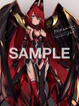  1girl bangs breasts cleavage commission dated green_eyes horns i.takashi long_pointy_ears looking_down medium_breasts open_hands original pointy_ears red_hair sample solo watermark wings 