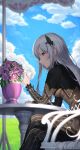  1girl bangs black_dress blue_sky blush bouquet breasts butterfly_hair_ornament chair closed_mouth cloud commentary_request crossed_legs cup day dress echidna_(re:zero) flower from_side grass hair_ornament hand_on_table hand_up highres holding holding_cup long_hair long_sleeves looking_at_viewer medium_breasts outdoors purple_eyes purple_flower purple_rose re:zero_kara_hajimeru_isekai_seikatsu rose silver_hair sitting sky smile solo striped striped_dress table umbrella_stand very_long_hair xiho_(suna) 