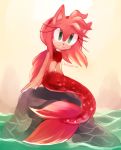  amy_rose anthro dorsal_fin eyelashes female fin fish_tail green_eyes hair long_eyelashes long_hair looking_at_viewer marine merfolk pink_body pink_hair pink_scales rock sand scales sea sitting smile solo sonic_the_hedgehog_(series) spacecolonie water 