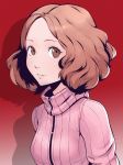  1girl bangs brown_eyes brown_hair cheshirrr curly_hair drop_shadow gradient gradient_background halftone halftone_background highres jacket looking_at_viewer medium_hair okumura_haru parted_bangs parted_lips persona persona_5 pink_jacket smile solo upper_body 