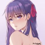  1girl artist_name bangs commission eyebrows_visible_through_hair fate/stay_night fate_(series) hair_ribbon lavender_background long_hair looking_at_viewer looking_back matou_sakura nude portrait purple_eyes purple_hair red_ribbon ribbon simple_background solo upper_body washout008 