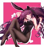  1girl :d absurdres animal_ears arm_up bare_shoulders black_footwear black_hairband black_leotard breasts brown_legwear bunny_ears bunnysuit commentary_request drop_shadow fang habu_rin hairband hand_behind_head hand_up head_tilt heart high_heels highres leotard long_hair looking_at_viewer medium_breasts open_mouth original pantyhose pink_background purple_eyes purple_hair shoes smile solo strapless strapless_leotard twintails two-tone_background very_long_hair white_background wrist_cuffs 