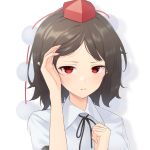  1girl arm_up bangs blush brown_hair clenched_hand closed_mouth commentary_request eyebrows hand_on_own_face hands_up hat highres kanpa_(campagne_9) looking_at_viewer medium_hair neck_ribbon pointy_ears pom_pom_(clothes) red_eyes red_headwear ribbon shameimaru_aya shirt simple_background solo touching touhou upper_body white_background white_shirt 