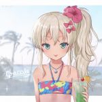  1girl bangs bikini blonde_hair blush character_name cup drinking_straw emia_wang eyebrows_visible_through_hair flower grecale_(kantai_collection) green_eyes hair_flower hair_ornament hibiscus highres holding holding_cup jewelry kantai_collection long_hair multicolored multicolored_bikini multicolored_clothes necklace palm_tree pink_flower ponytail ribbon side_ponytail solo swimsuit tongue tongue_out tree twitter_username upper_body 