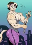  2020 accessory anthro biceps brown_hair bulge clothing dialogue domestic_cat english_text eyewear felid feline felis fur glasses gradient_background hair headband hi_res highlights_(coloring) looking_at_viewer male mammal mechanic muscular muscular_anthro muscular_male open_mouth open_smile pecs shirt simple_background smile solo standing sweatpants sxfpantera talking_to_viewer tank_top teeth text tight_clothing tools topwear white_body white_fur white_highlights wrench 