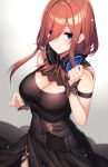  armband bare_arms bare_shoulders black_dress black_neckwear blue_eyes breasts brown_hair cleavage cleavage_cutout closed_mouth commission dress go-toubun_no_hanayome gradient gradient_background hair_down hand_up headphones headphones_around_neck highres kinsenka_momi large_breasts long_hair nakano_miku simple_background upper_body white_background 
