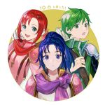 1boy 2girls arrow_(projectile) blue_eyes blue_hair closed_mouth fire_emblem fire_emblem:_mystery_of_the_emblem fire_emblem:_new_mystery_of_the_emblem fire_emblem_heroes gordin_(fire_emblem) green_eyes green_hair kris_(fire_emblem) kyufe multiple_girls norne_(fire_emblem) open_mouth ponytail quiver red_hair short_hair simple_background upper_body 