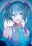  1girl blue_eyes blue_hair blue_neckwear close-up commentary hatsune_miku headset highres light_smile looking_at_viewer necktie shion_(reira) solo twintails vocaloid 