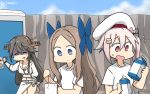  3girls alternate_costume asakaze_(kantai_collection) bangs beret blue_eyes blue_hair blue_sky cloud commentary_request cup dated day flower flying_sweatdrops forehead gradient_hair hair_flower hair_ornament hair_ribbon hamu_koutarou haruna_(kantai_collection) harusame_(kantai_collection) hat highres holding_stomach jacket kantai_collection light_brown_hair long_hair milk_carton mug multicolored_hair multiple_girls outdoors parted_bangs pink_hair red_eyes restroom_stall ribbon rock sarong shirt short_sleeves side_ponytail sidelocks sky stomachache t-shirt turn_pale wavy_hair white_jacket white_sarong white_shirt 