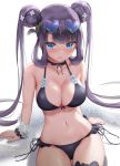  1girl bangs bare_shoulders bikini black_bikini blush bow breasts choker double_bun eyewear_on_head fate/grand_order fate_(series) hair_bow hair_ornament heart heart-shaped_eyewear honey_lake large_breasts leaf_hair_ornament long_hair looking_at_viewer navel parted_lips purple_hair revision sidelocks simple_background sitting smile sunglasses swimsuit thighs twintails urayama_(backmountain) very_long_hair white_background yang_guifei_(fate/grand_order) 