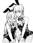  2girls animal_ears arm_around_shoulder bangs bare_arms bare_shoulders bow bowtie braid braided_ponytail breasts bunny_ears bunny_tail bunnysuit chainsaw_man cleavage demon_girl demon_horns eyebrows_visible_through_hair fishnets hair_over_one_eye highres horns kogureya7 large_breasts light_smile long_hair looking_at_viewer makima_(chainsaw_man) monochrome multiple_girls nervous power_(chainsaw_man) ringed_eyes scared small_breasts smile sweat sweating_profusely tail very_long_hair white_neckwear 