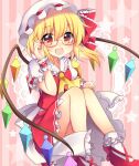  1girl :d adjusting_eyewear arm_up ascot back_bow blonde_hair blush bobby_socks bow buttons center_frills commentary_request eyebrows_visible_through_hair eyelashes fang flandre_scarlet frilled_shirt_collar frilled_skirt frills hat hat_ribbon highres looking_at_viewer mob_cap multicolored_wings open_mouth pink_background puffy_short_sleeves puffy_sleeves rainbow_order red_eyes red_ribbon red_skirt red_vest ribbon rimless_eyewear ruhika sash short_hair short_sleeves side_ponytail skirt smile socks solo starry_background striped striped_background thighhighs touhou upper_body vest white_legwear white_sash wings wrist_cuffs yellow_ascot 