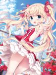  1girl blonde_hair blue_eyes blush candy_hair_ornament cloud column fang floating_hair flower food_themed_hair_ornament frilled_skirt frills hair_ornament hair_ribbon holding holding_hair kimishima_ao long_hair looking_at_viewer open_mouth original pillar red_ribbon ribbon skin_fang skirt sky solo star_(symbol) star_hair_ornament striped striped_ribbon twintails twisted_torso very_long_hair white_skirt 