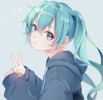  1girl aqua_eyes aqua_hair bangs blue_hoodie blurry closed_mouth commentary depth_of_field drawstring eyebrows_visible_through_hair eyelashes from_side grey_background hair_between_eyes hands_up hatsune_miku highres hood hood_down hoodie light_blush long_hair long_sleeves looking_at_viewer looking_to_the_side shiny shiny_hair sidelocks simple_background sleeves_past_wrists smile solo symbol_commentary twintails upper_body v vocaloid wakatsuki_you 