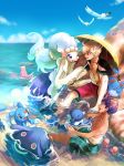  2boys barefoot beet_(pokemon) blonde_hair brionne cloud commentary_request corsola curly_hair dark_skin day galarian_form galarian_slowpoke gen_2_pokemon gen_3_pokemon gen_4_pokemon gen_7_pokemon gen_8_pokemon highres holding holding_umbrella hop_(pokemon) male_swimwear mantyke marill multiple_boys open_mouth outdoors pokemon pokemon_(creature) pokemon_(game) pokemon_swsh popplio primarina purple_hair rock satomune_s sky swim_trunks swimwear teeth toes umbrella water wingull 