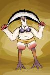  2:3 absurd_res anthro avian beak bird bodily_fluids bottomwear bouncing_breasts bra breasts clothed clothing feathers female gallardo green_eyes hi_res hotpants jump_rope non-mammal_breasts red_body red_feathers shorts simple_background solo sweat underwear white_body 