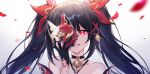  bare_shoulders bell black_choker black_hair choker glowing glowing_eyes gold_trim hair_ribbon highres holding holding_mask honkai:_star_rail honkai_(series) jingle_bell long_hair looking_at_viewer mask neck_bell parted_lips red_eyes red_ribbon ribbon simple_background smile sparkle_(honkai:_star_rail) twintails very_long_hair white_background y.qi 