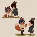  2boys animal_ears animal_feet black_coat black_eyes black_hair boots broken brown_background brown_footwear brown_hair brown_jacket chengongzi123 chibi closed_mouth coat commentary confession crying crying_with_eyes_open dark-skinned_male dark_skin facial_hair flower fox_boy fox_ears fox_tail full_body giving goatee_stubble golden_kamuy highres holding holding_flower hood hooded_coat jacket kemonomimi_mode koito_otonoshin long_sleeves looking_at_another male_focus military_uniform monster_boy monsterification multiple_boys multiple_views open_mouth outstretched_arms rabbit_boy rabbit_ears rabbit_tail rose short_hair simple_background sitting stubble stuffed_toy stuffing symbol-only_commentary tail tears tsukishima_hajime uniform very_short_hair white_flower yaoi 
