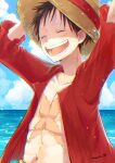  1boy ^_^ arms_up black_hair closed_eyes commentary hat highres male_focus monkey_d._luffy nekochanko1 ocean one_piece open_clothes open_mouth open_shirt red_shirt scar scar_on_chest scar_on_face shirt short_hair signature sky smile solo straw_hat 