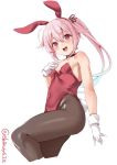  1girl animal_ears black_leotard blush breasts bunny_ears bunny_girl bunny_tail bunnysuit cowboy_shot ebifurya gloves gradient_hair hair_flaps harusame_(kantai_collection) highres kantai_collection leotard multicolored_hair open_mouth pink_hair red_eyes ribbon side_ponytail small_breasts smile tail twitter_username white_background white_gloves 
