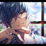  1boy bangs blue_eyes blue_hair blurry blurry_background cloud commentary_request day eyebrows_visible_through_hair fate/grand_order fate_(series) finger_to_chin fingernails glasses hair_between_eyes hand_up hans_christian_andersen_(fate) letterboxed looking_at_viewer male_focus parted_lips portrait shika_(isk_mjkss) sky solo teeth 
